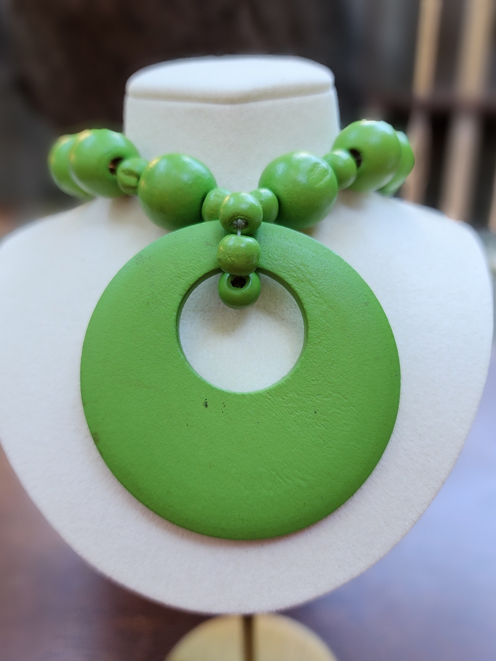 Vintage Mod Lime Green Bead Necklace Layered Strand Ring Pendant